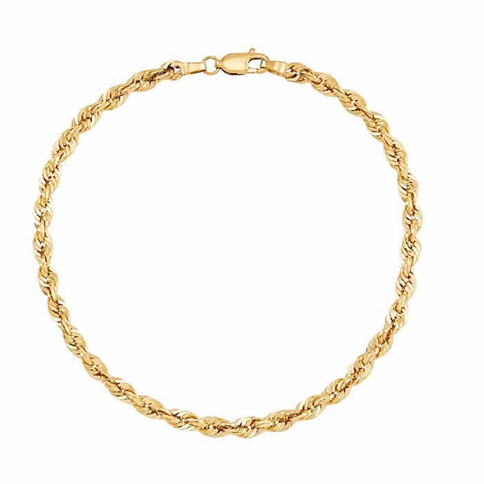 14K Yellow Gold 4mm Glitter Rope Chain Bracelet