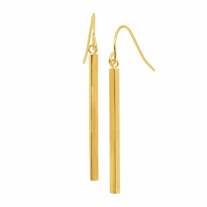 14K Yellow Gold Earrings with Rectangle Tube Drop