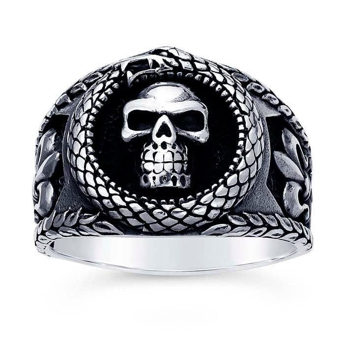 Sterling Silver Skull & Snake Ring with Fleur-de-Lis, choose your size