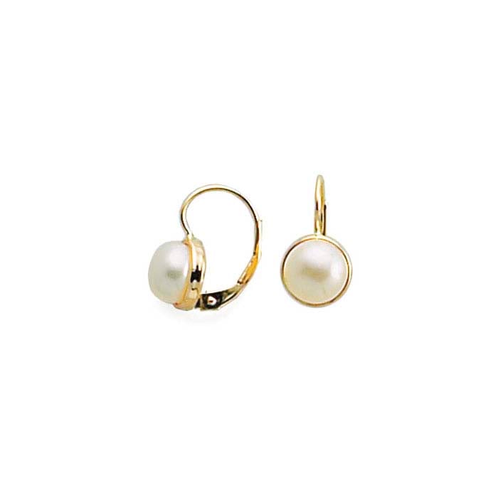 14K Yellow Gold Lever-Back Ear Wire White Freshwater Button Pearl-Set