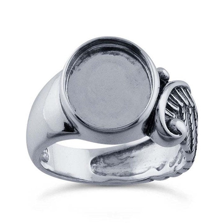 Sterling Silver Angel Wing 12 x 10mm Oval Cabochon Ring Mounting, ring size 7 & sz 8 available