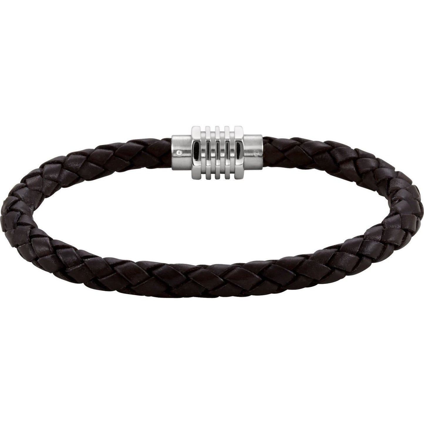 Stainless Steel & Black Braided Leather 9" Bracelet with Magnetic Clasp, also available in brown