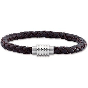 Stainless Steel & Black Braided Leather 9" Bracelet with Magnetic Clasp, also available in brown