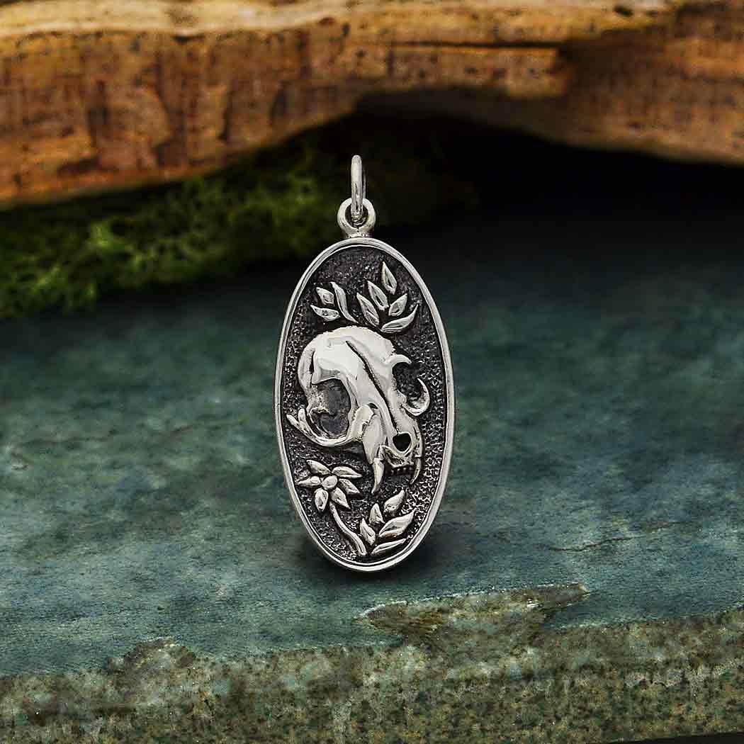 Sterling Silver Flower and Cat Skull Pendant 30x13mm