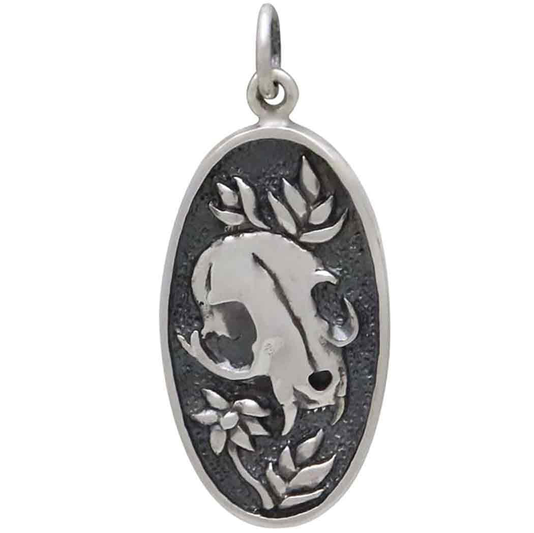 Sterling Silver Flower and Cat Skull Pendant 30x13mm