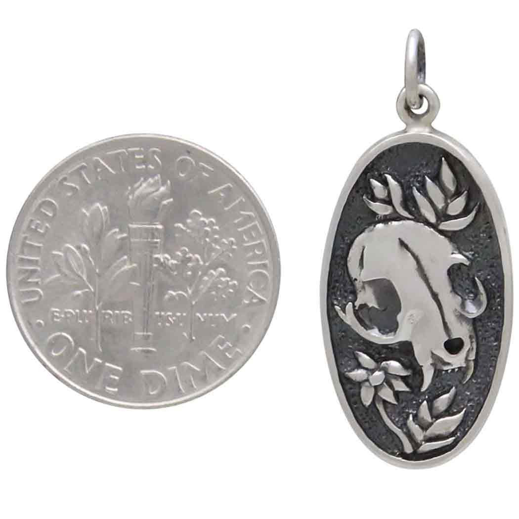 Sterling Silver Flower and Cat Skull Pendant 30x13mm