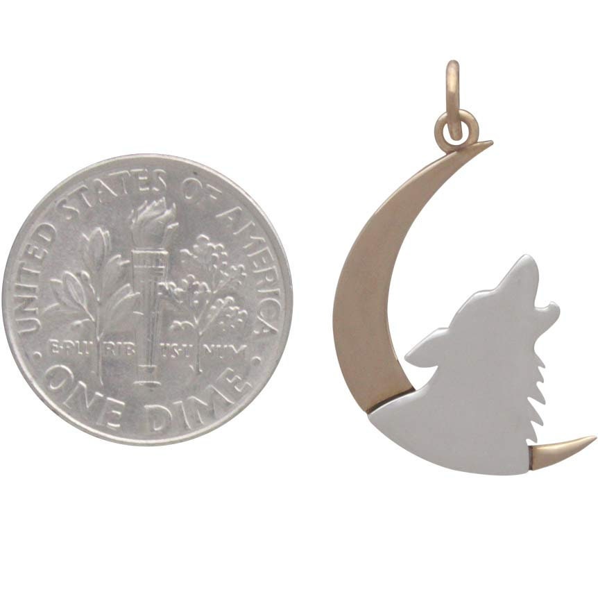Sterling Silver Howling Wolf Charm with Bronze Moon
