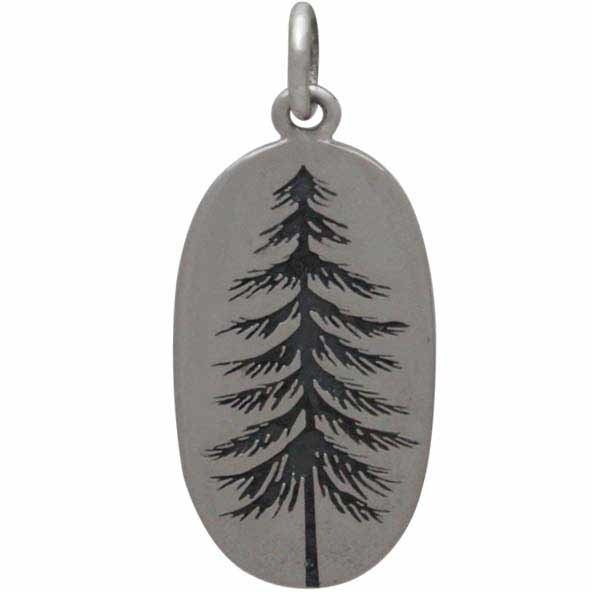 Sterling Silver Pine Tree Charm Etched on an Oval 26x10mm