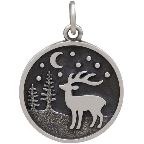 Sterling Silver Reindeer Charm with Moon and Trees 21x15mm
