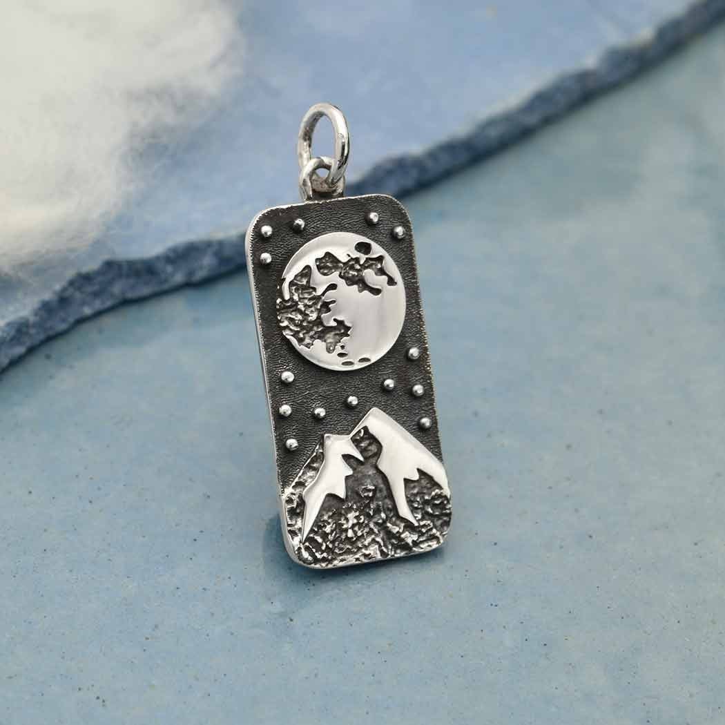 Sterling Silver Full Moon and Snowy Mountain Pendant 26x10mm