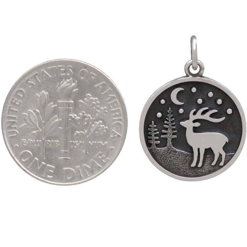 Sterling Silver Reindeer Charm with Moon and Trees 21x15mm