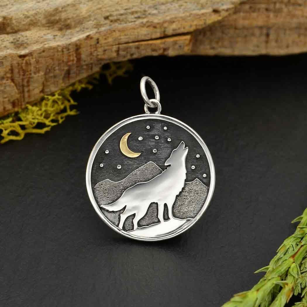 Silver wolf and mountain pendant with bronze moon 26x20mm, 925 sterling silver
