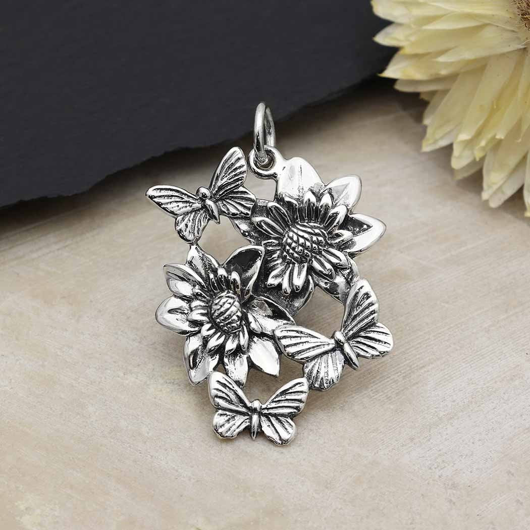 Sterling Silver Dahlia Pendant with Butterflies 26x21mm