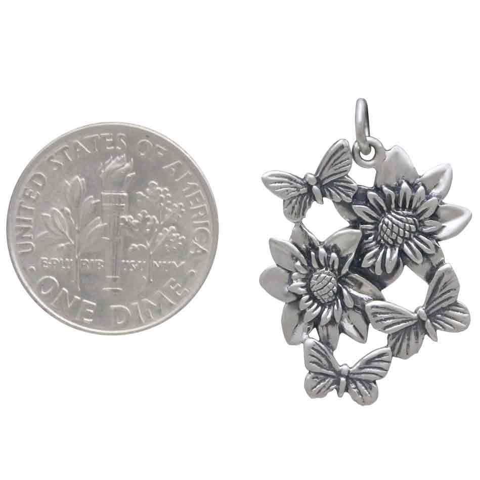 Sterling Silver Dahlia Pendant with Butterflies 26x21mm