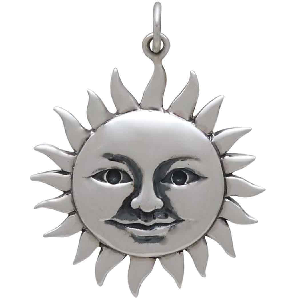 Sterling Silver Large Smiling Sun Pendant 31x24mm