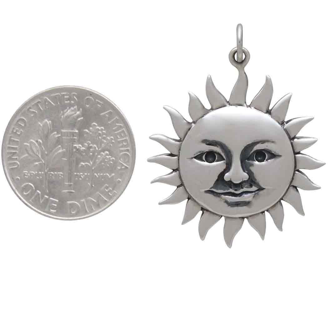 Sterling Silver Large Smiling Sun Pendant 31x24mm