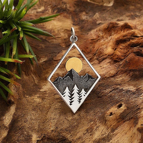 Sterling Silver Mountain Charm in Diamond Frame 33x20mm