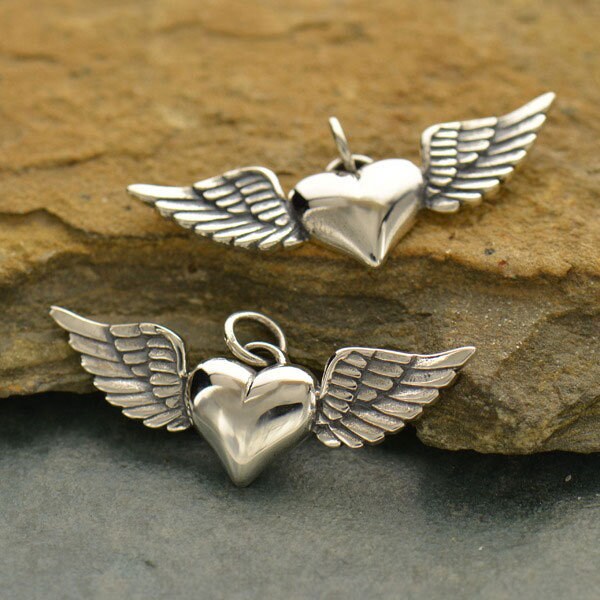 Sterling Silver Heart Charm with Wings 14x32mm