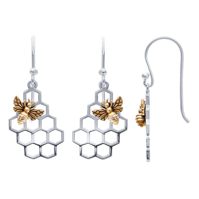 Silver Honeycomb Dangle Earring with Bronze Bee 32x13mm