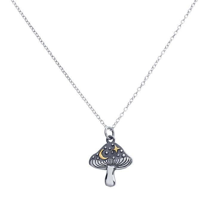 Sterling Silver Mushroom Necklace with Bronze Star and Moon