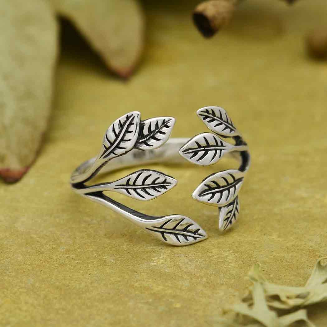 Sterling Silver Leaf Cluster Bypass Ring, Adjustable
