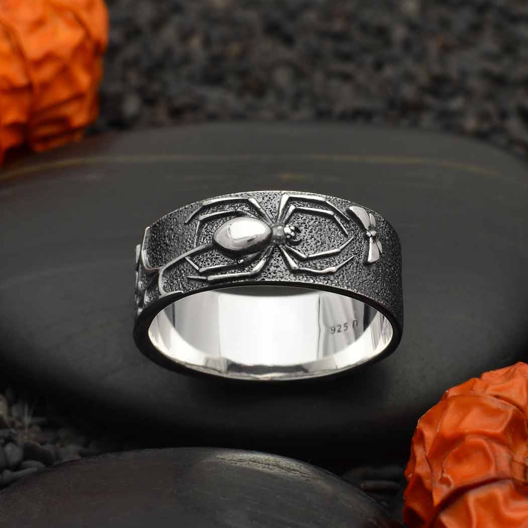 Sterling Silver Oxidized Spider and Web Band