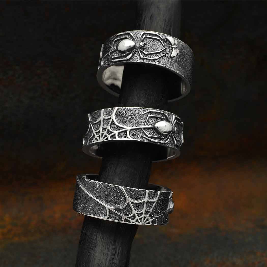 Sterling Silver Oxidized Spider and Web Band