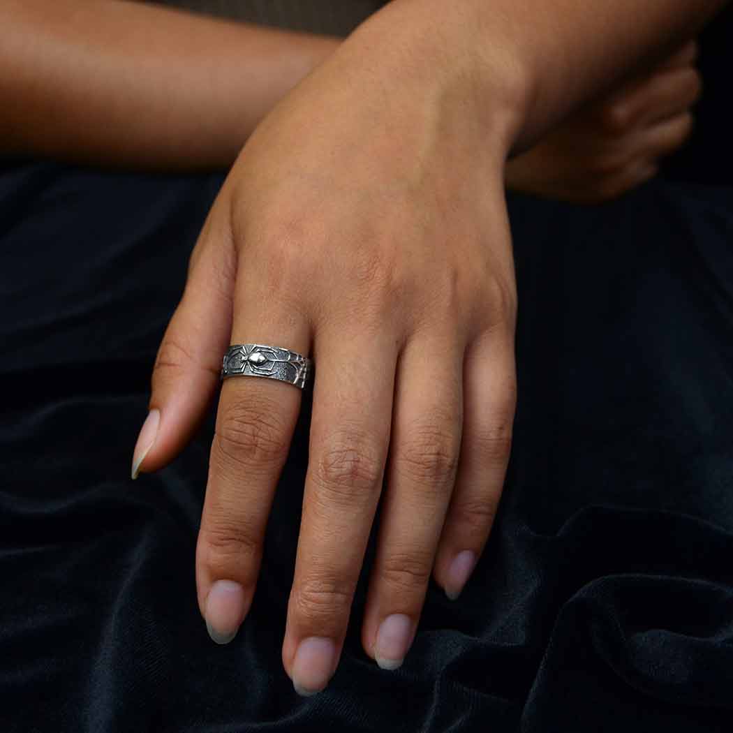 Sterling Silver Oxidized Spider and Web Band