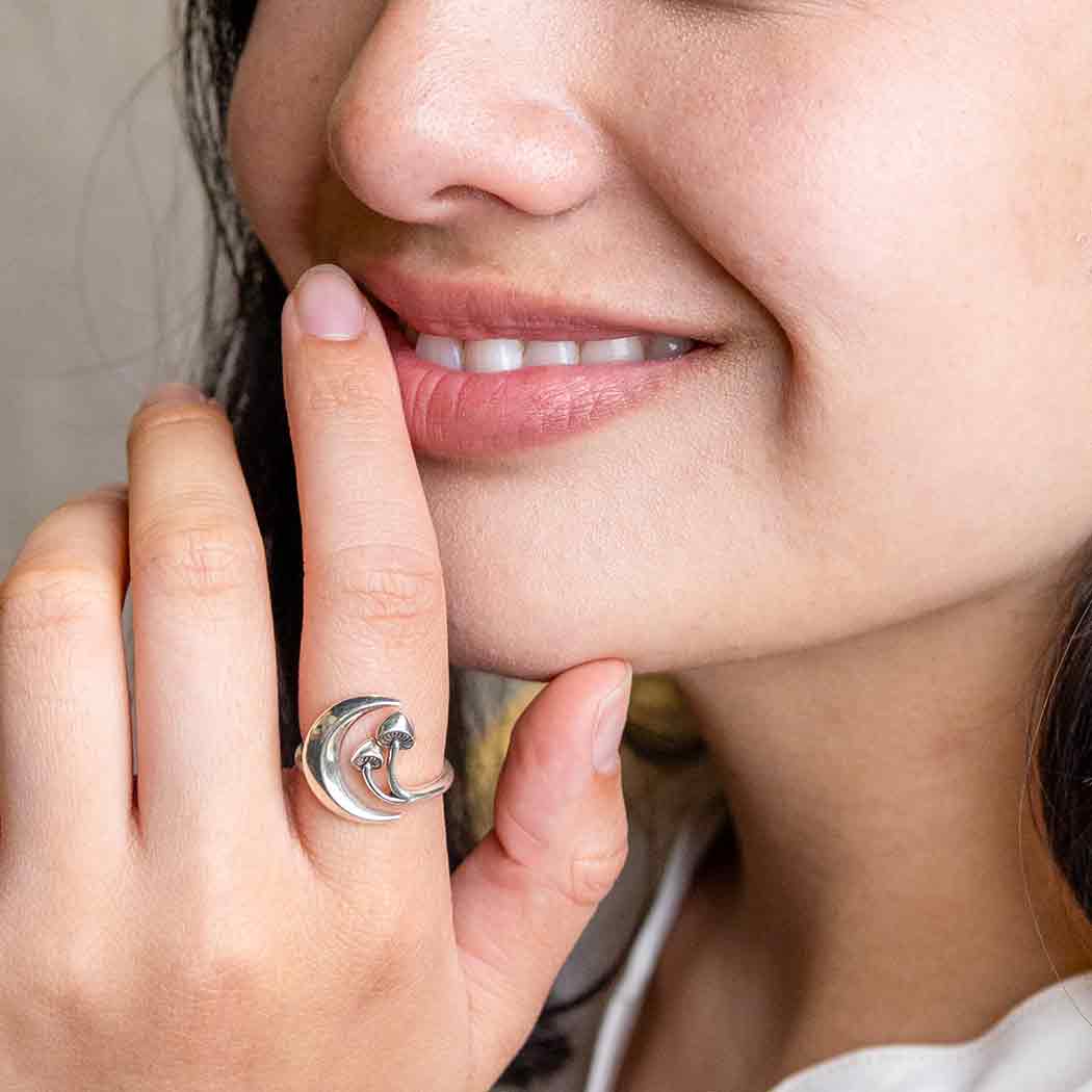 Sterling Silver Moon & Mushroom Bypass Ring, Adjustable