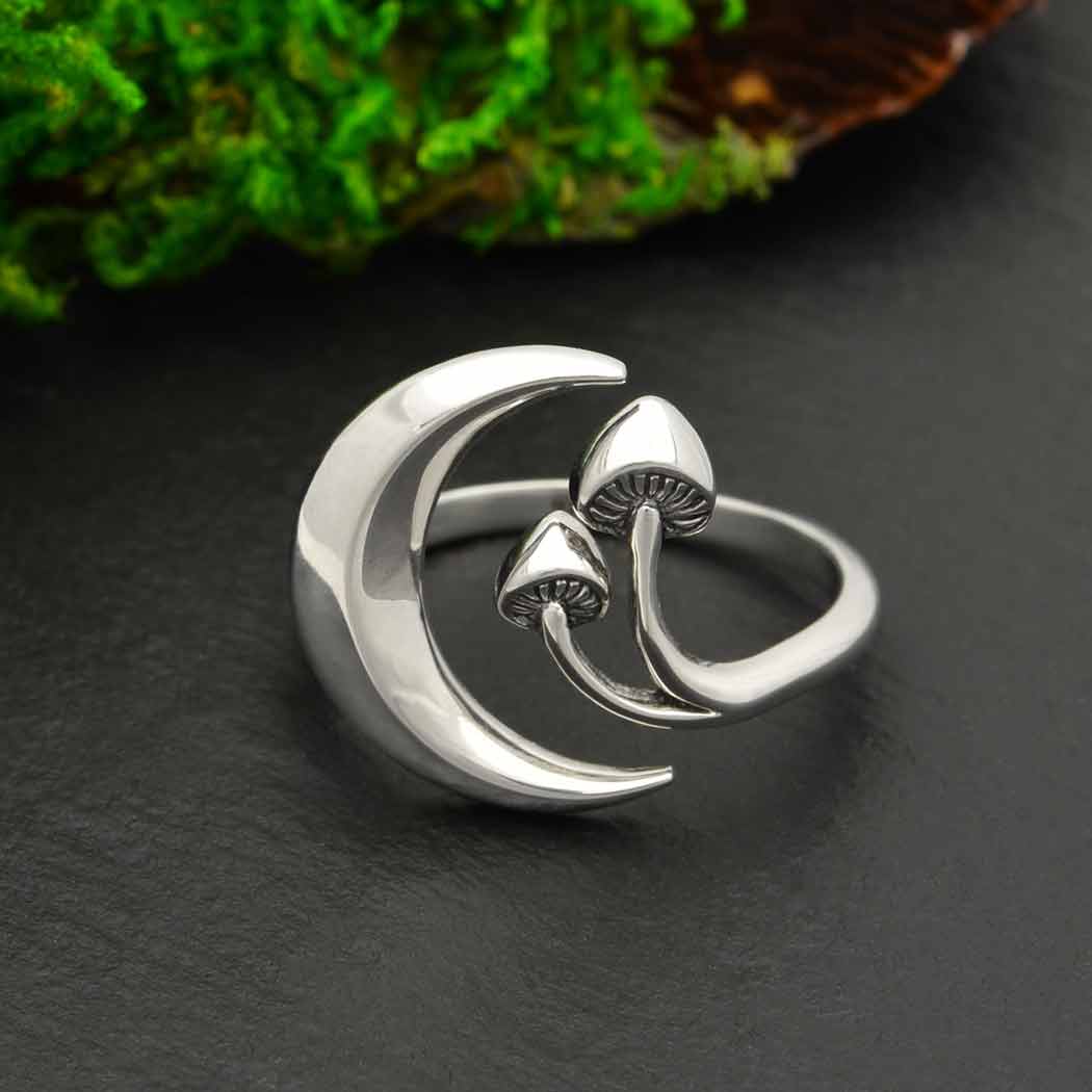 Sterling Silver Moon & Mushroom Bypass Ring, Adjustable