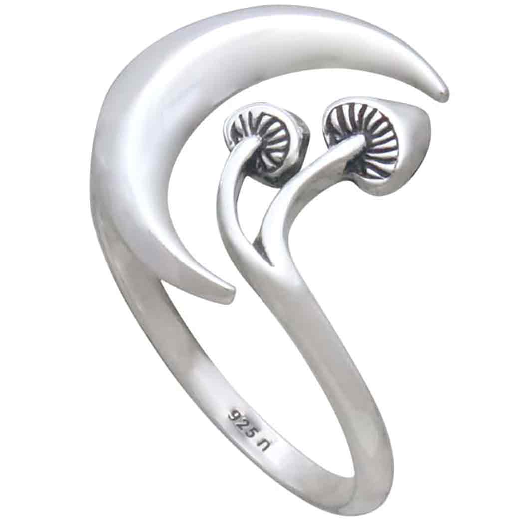 Sterling Silver Moon & Mushroom Bypass Ring, Adjustable