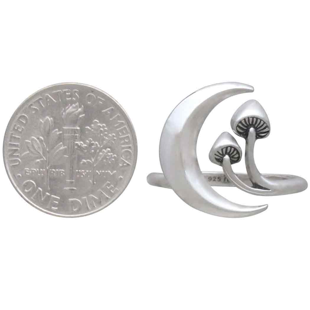 Sterling Silver Moon & Mushroom Bypass Ring, Adjustable