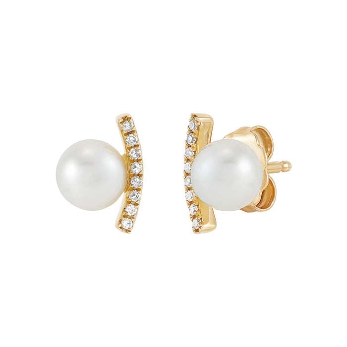 14K Yellow Gold Pearl- & Diamond-Set Post Earrings
