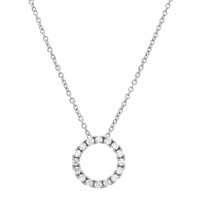 10K White Gold Diamond-Set Circle Necklace, 17inch cable chain,
