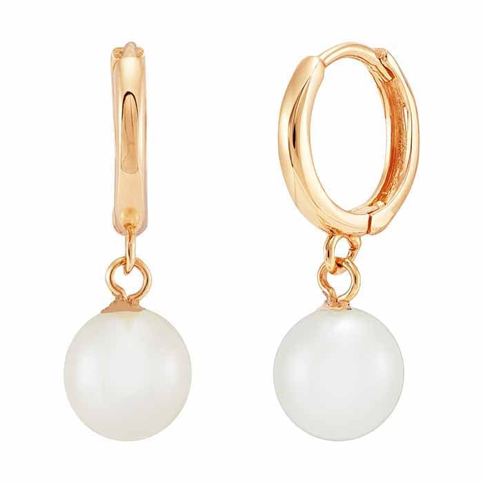 14K Yellow Gold Huggie Hoop Earrings with Pearl Drop