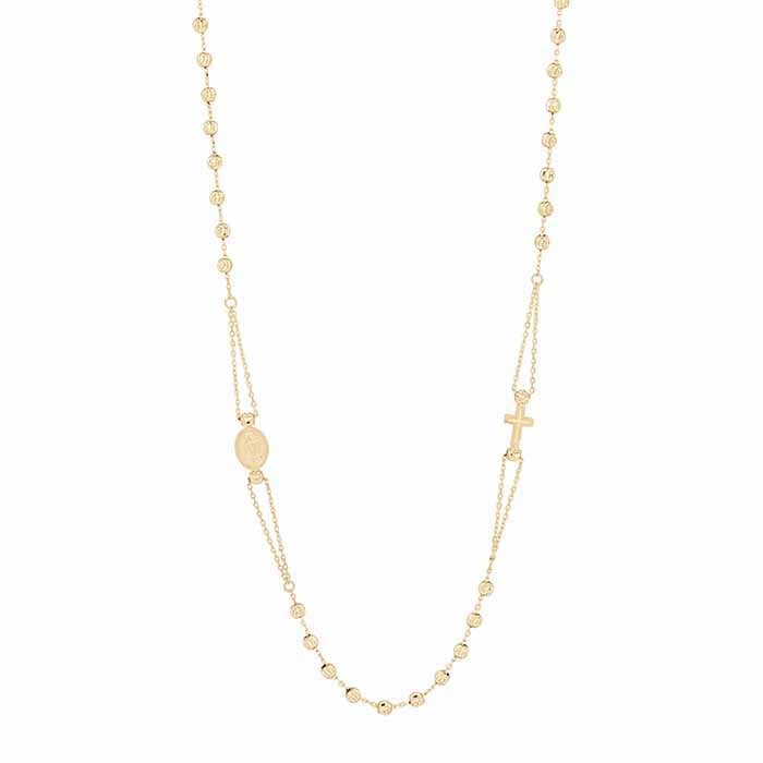14K Yellow Gold Rosary Necklace with Cross and Mary Medal, 17inch