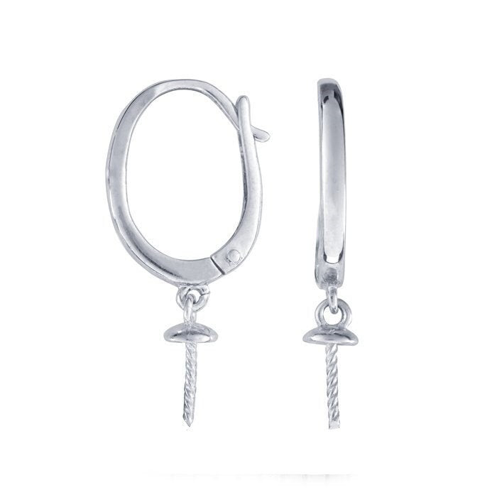 Earring setting, lever-back ear wire with cup and peg, sterling silver rhodium-plated, 1 pair