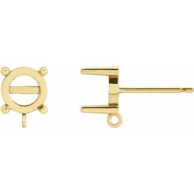 14K Yellow or White Gold Round Cabochon Earring Mounting in 7mm or 8mm, with ring
