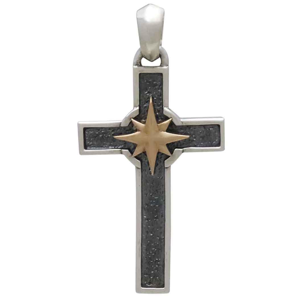 Sterling Silver Cross with Bronze Compass Pendant 33x16mm