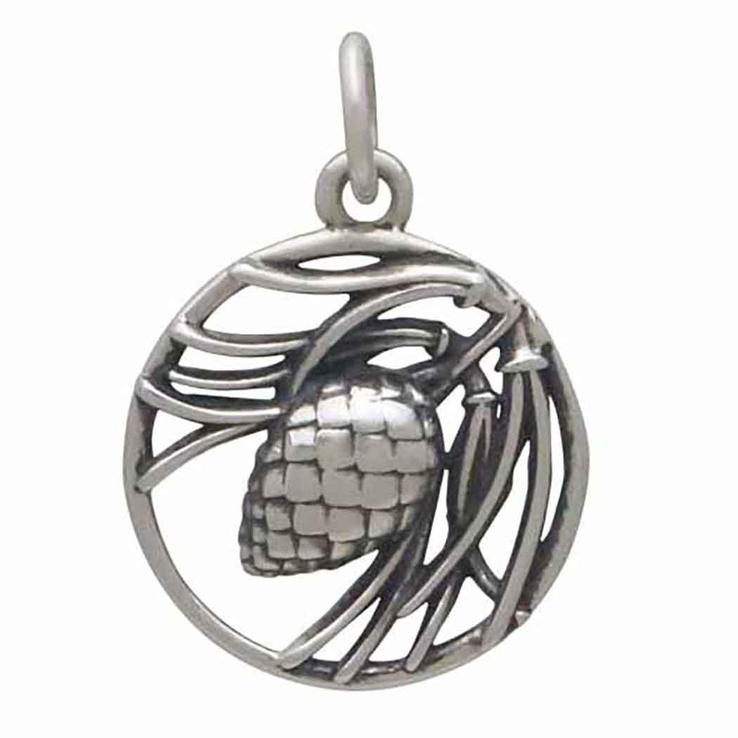 Sterling Silver Pineneedle and Pinecone Charm 19x13mm