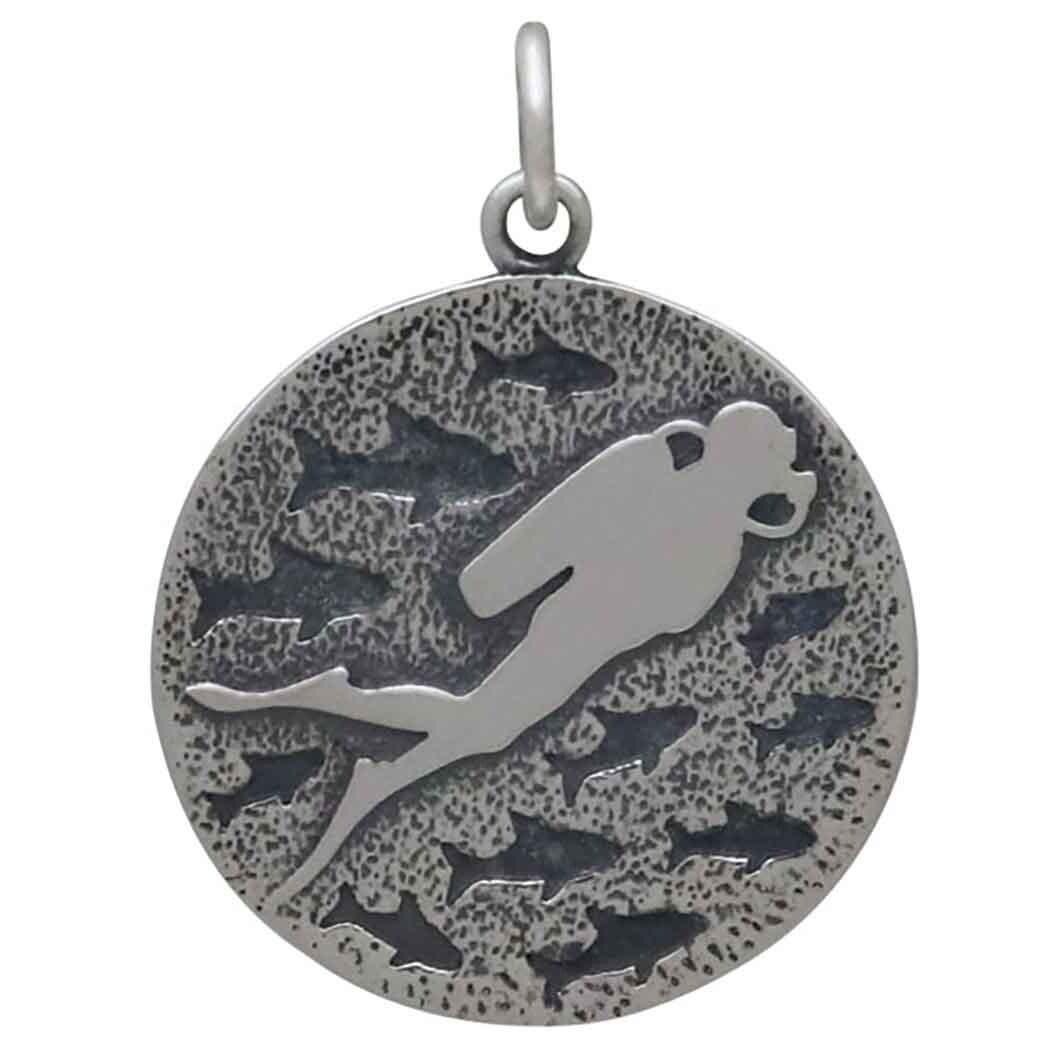 Sterling Silver Diver and Fish Charm 24x18mm