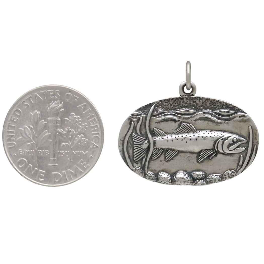 Sterling Silver Trout in Stream Pendant 22x25mm
