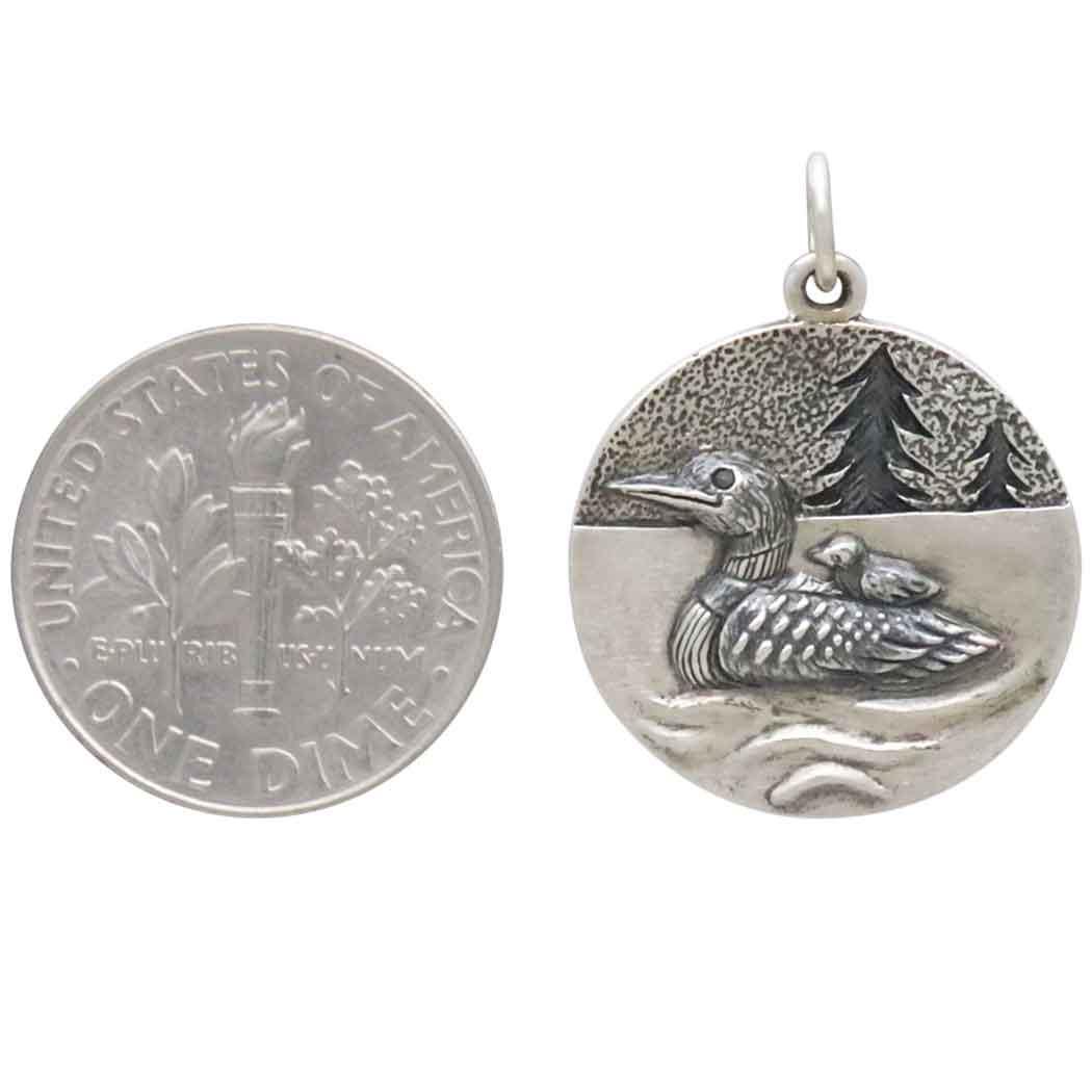 Sterling Silver Loon with Baby Pendant 24x18mm