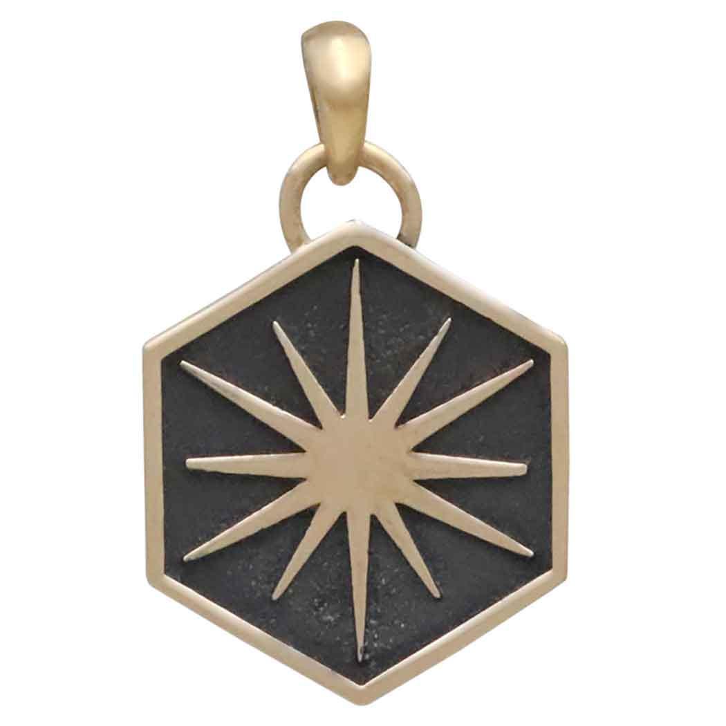 Bronze Sun in Hexagon Shadow Box Pendant 27x17mm