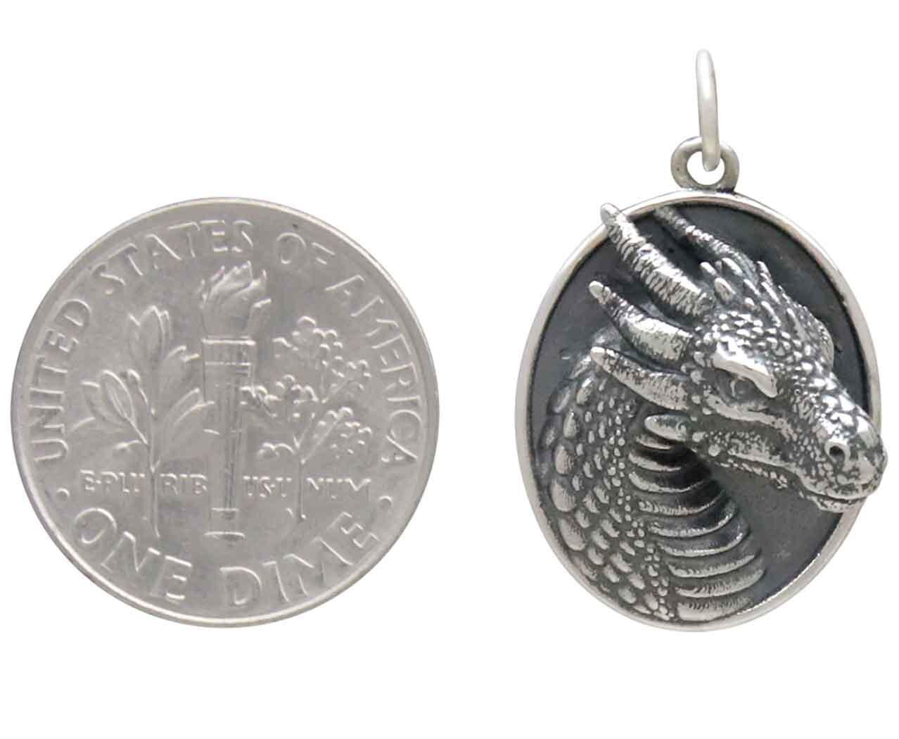 Sterling Silver Oval Dragon Pendant 25x16mm
