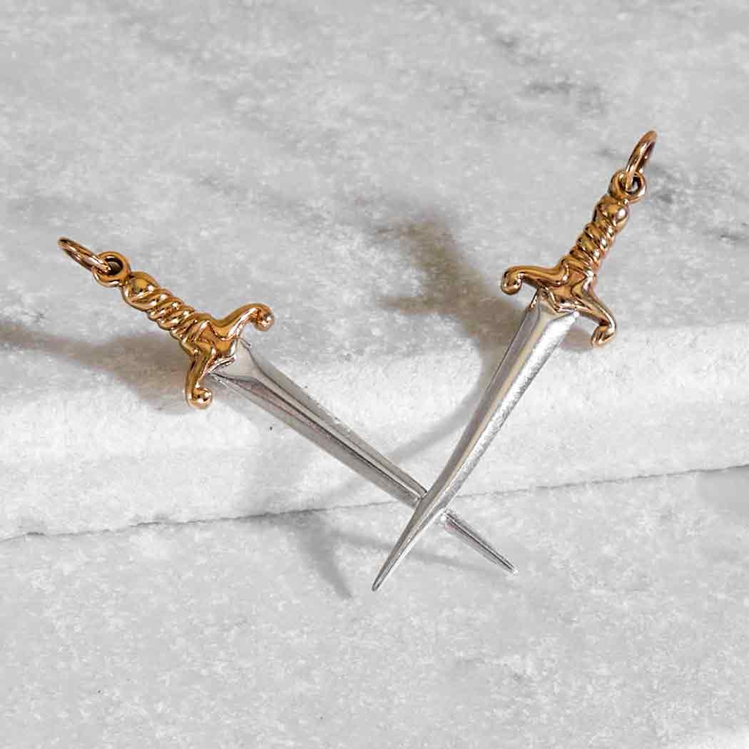 Mixed Metal Crossed Swords Pendant Festoon 32x50mm