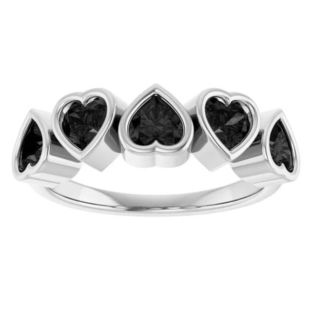 Sterling Silver Five-Stone Heart Ring: Lab Diamond or Black Onyx