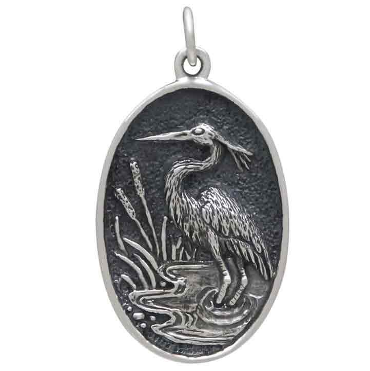 Sterling Silver Heron in Pond Pendant 30x16mm