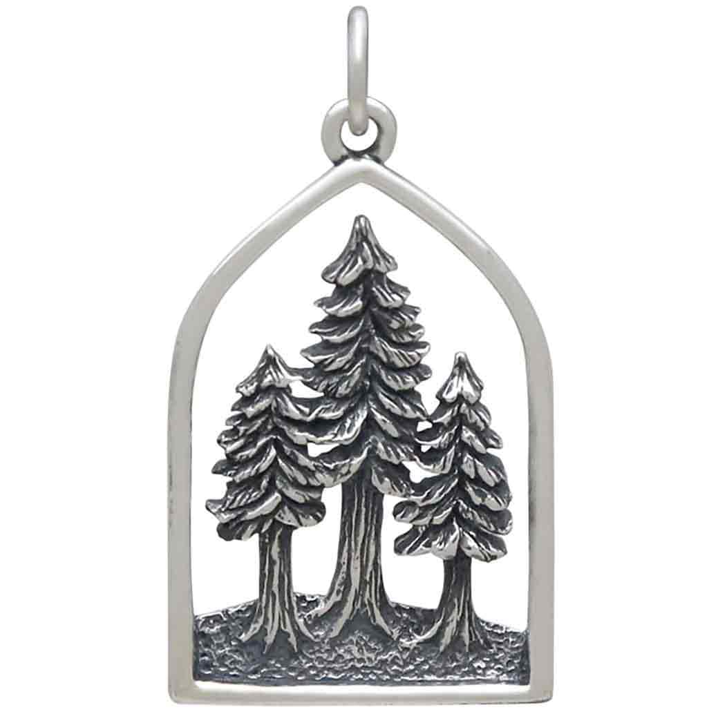 Sterling Silver Dimensional Pine Tree Forest Pendant (28x16mm)