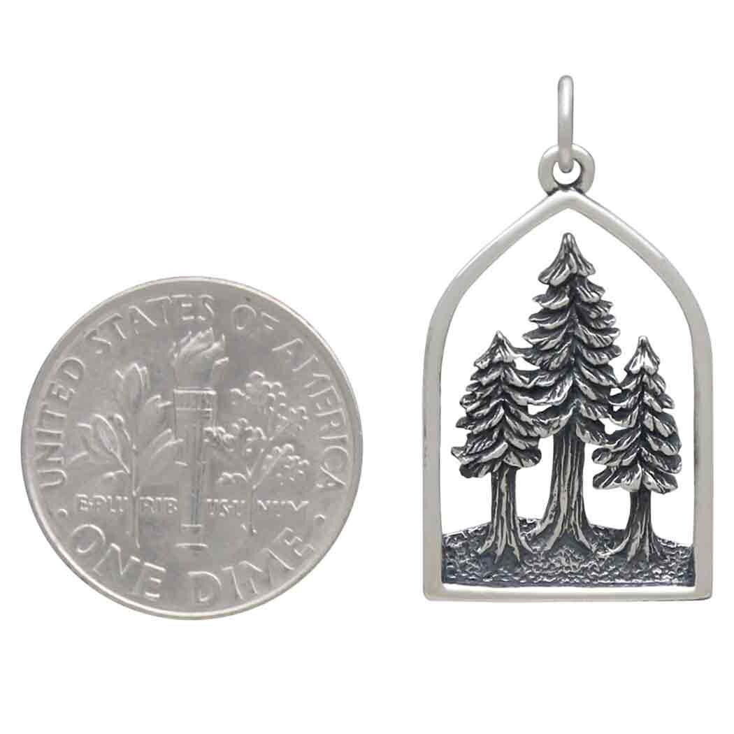 Sterling Silver Dimensional Pine Tree Forest Pendant (28x16mm)